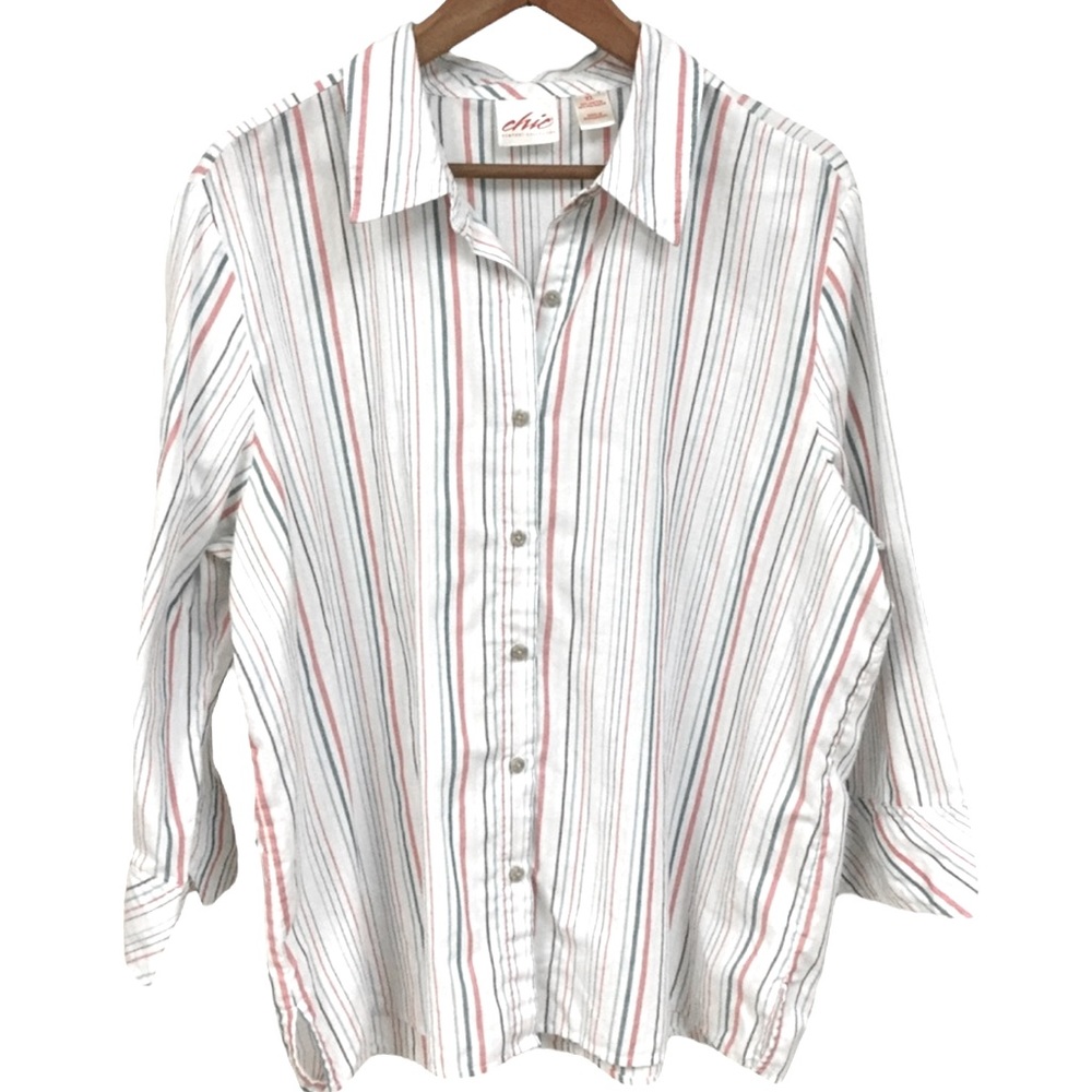 vtg CHIC sz Large 80s Blouse Striped 3/4 Sleeve Button Front White +